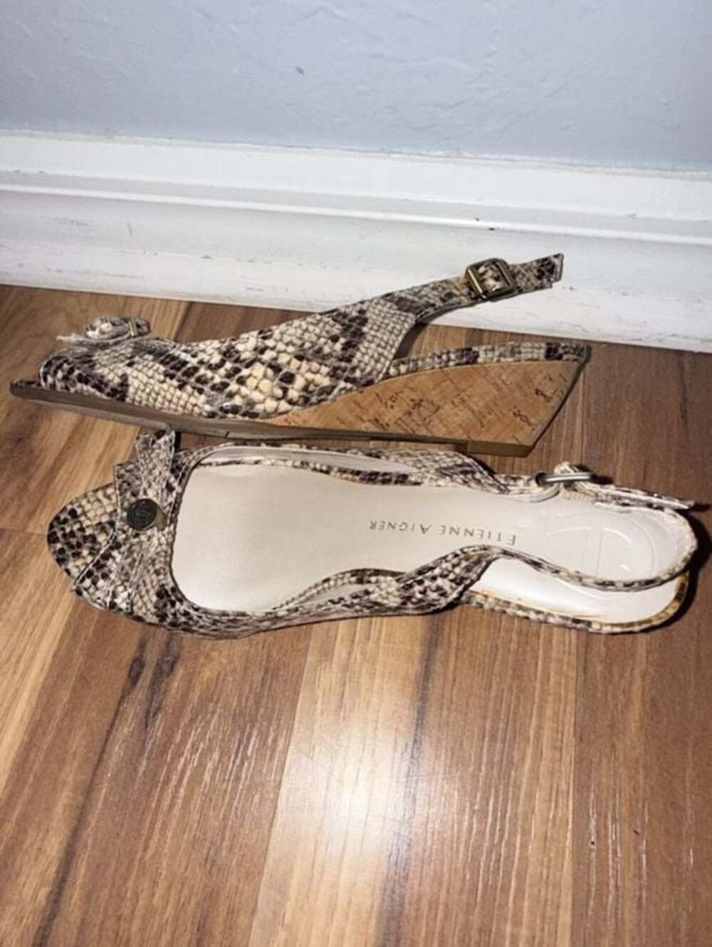 Etienne Aigner Snakeskin Print Peep-Toe Slingback Cork Wedge Sandals - Picture 3 of 3